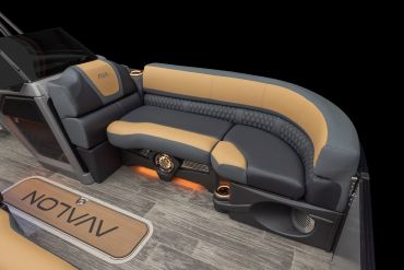 Sleek boat seating with leather upholstery and ambient lighting.