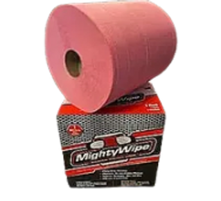 A large pink roll of Mighty Wipe paper towels on its box.