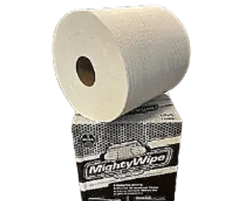 Roll of MightyWipe paper towels on its packaging box.