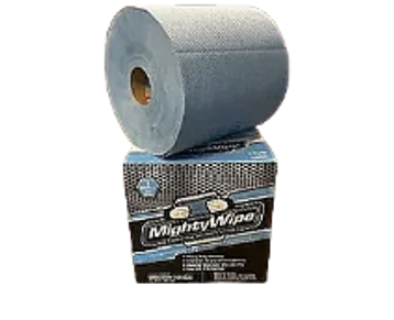 A large roll of blue Mighty Wipes on its packaging box.