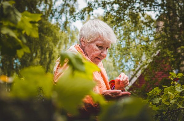 Elderly woman with light peach jacket, outdoors, looking at seeds in her hand