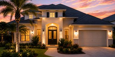 Beautiful house with illuminated entrance at sunset.