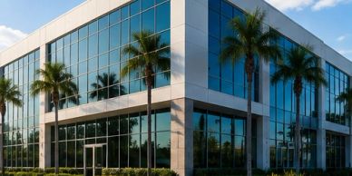 Modern glass office building with palm trees.