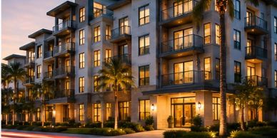 Modern apartment building at dusk with warm lighting.