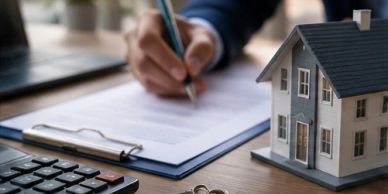 Person signing real estate documents beside house model and calculator.