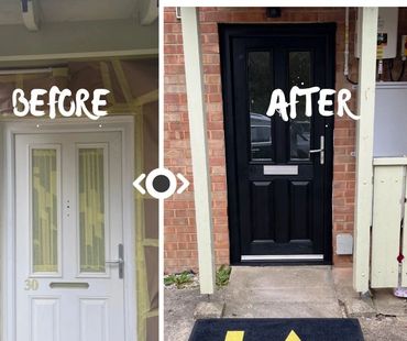 Before and after photos of a door spray painting transformation from white to black.