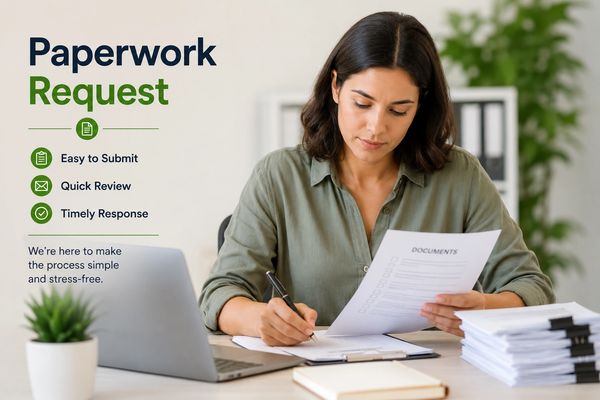 Woman reviewing and signing paperwork with a laptop and documents on the desk.