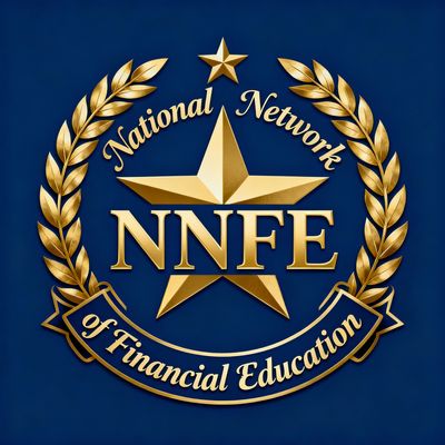 Gold emblem of National Network of Financial Education on dark blue background.