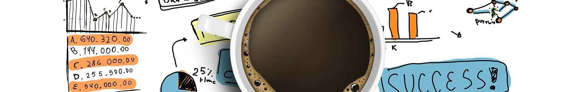 A cup of coffee on a paper with colorful business charts and the word SUCCESS.