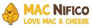 Cute mac and cheese logo with happy cheese characters and text.