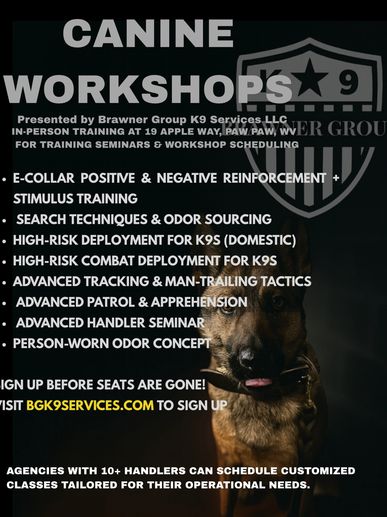 K9 training workshop flyer with tactical topics for police, military, and security dog handlers.