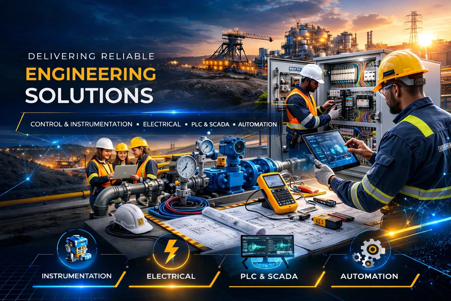 Professional engineering services image showing control and instrumentation, PLC and SCADA systems