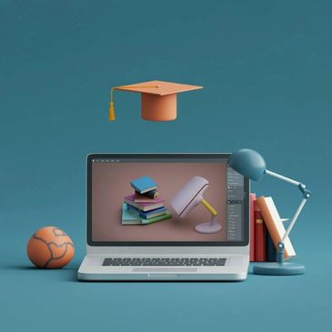 A laptop with a graduation cap floating above it, surrounded by books, a lamp, and a basketball.
