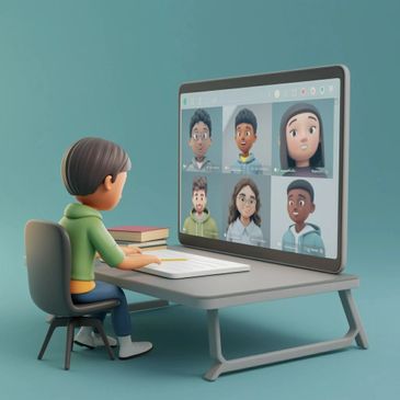 Child attending a virtual class with animated classmates on a large screen.