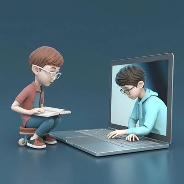 A boy reading a book interacts with a digital character emerging from a laptop keyboard.