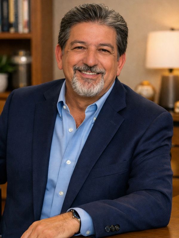 Smiling man in a suit sitting at a desk in a cozy office.