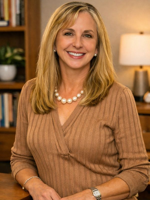Smiling woman with blonde hair and pearl necklace in cozy indoor setting.