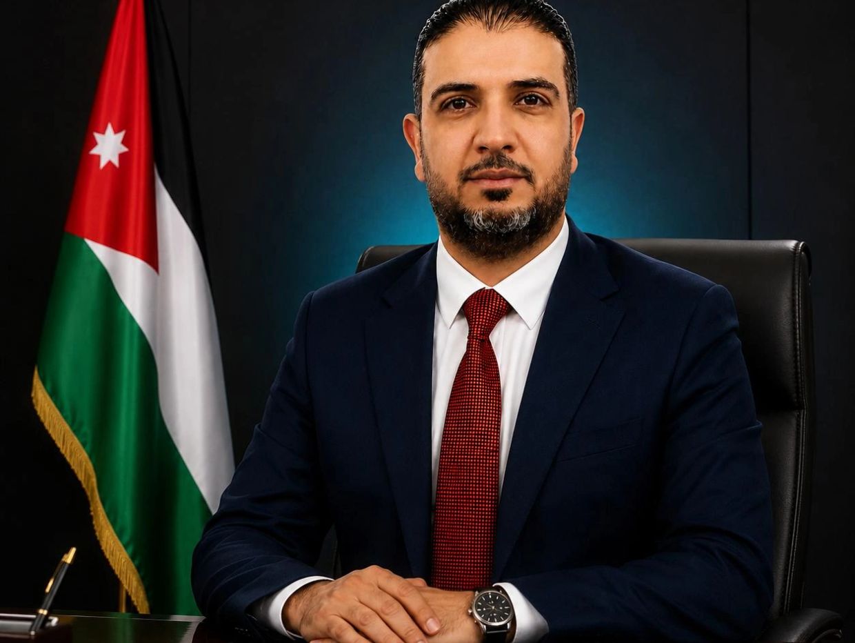 Man in suit sitting at a desk with a flag behind.