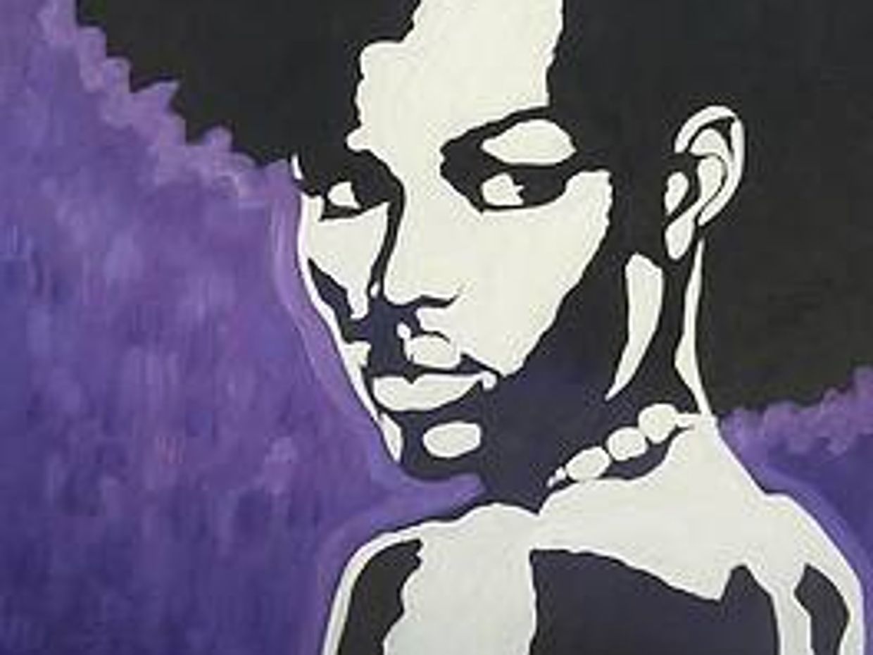 Stylized portrait with bold black and white contrasts against a purple background.