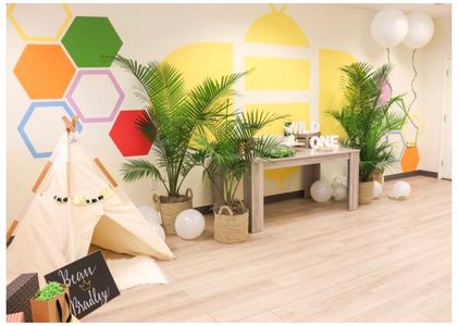 Birthday display inside with  tent and palm trees