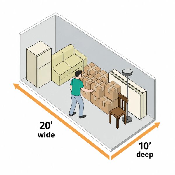Illustration of a 20x10 storage unit filled with furniture and boxes.