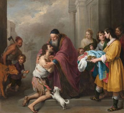 A touching reunion between two men surrounded by onlookers and animals in a classical setting.