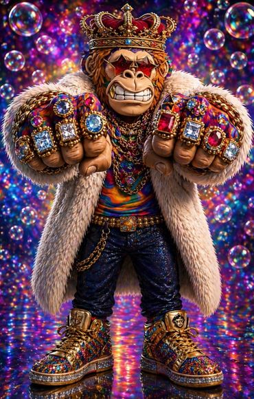 A stylish gorilla with a crown, flashy rings, and vibrant clothing.