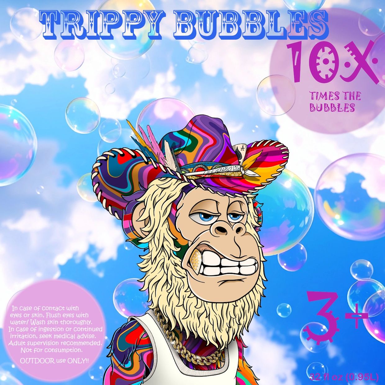 Colorful psychedelic monkey with a cowboy hat surrounded by bubbles.
