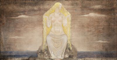 A surreal painting of a nude woman with long blonde hair sitting.