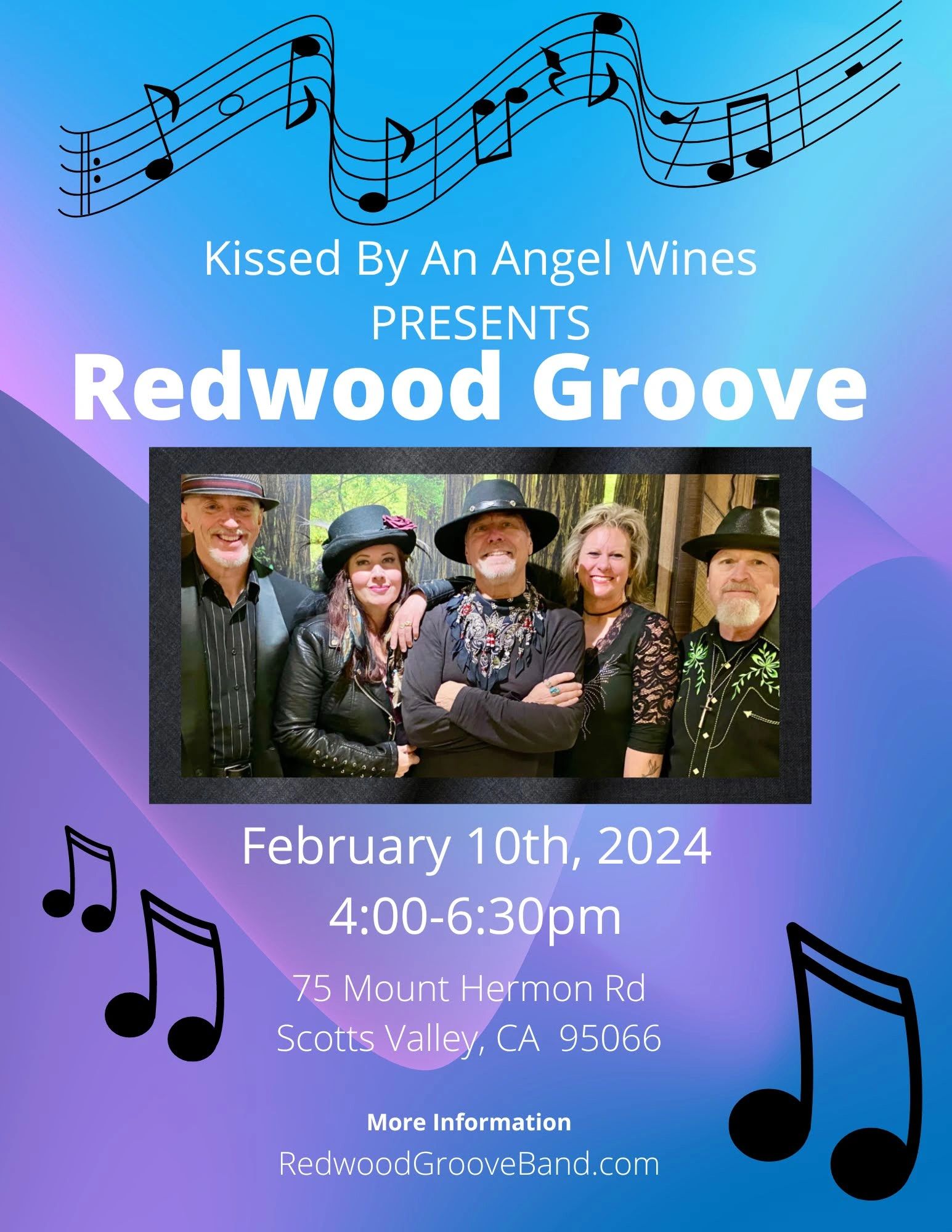 Redwood Groove flyer for Kissed By An Angel gig Scotts Valley, CA.
