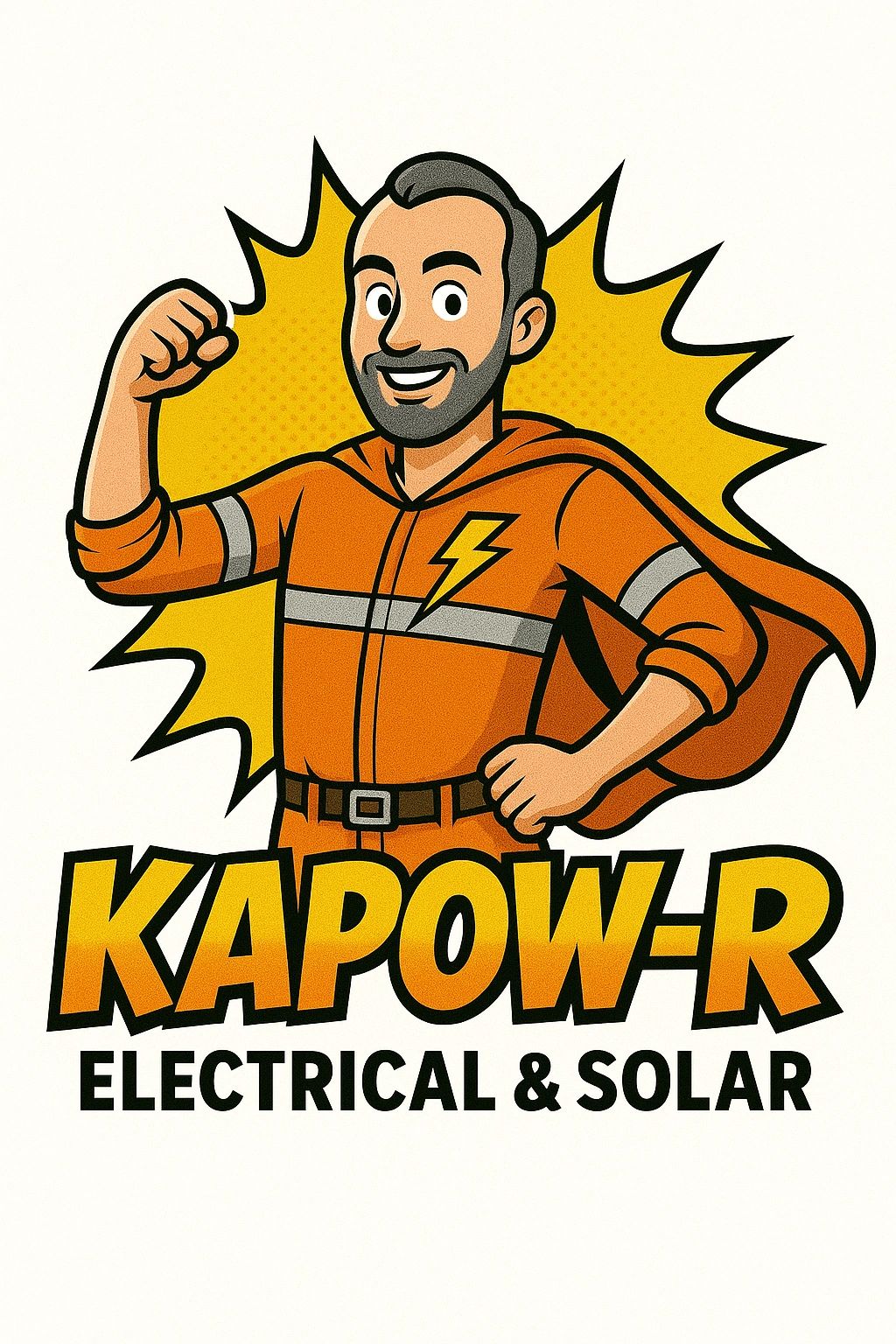 Cartoon superhero electrician with a lightning bolt logo and cape.