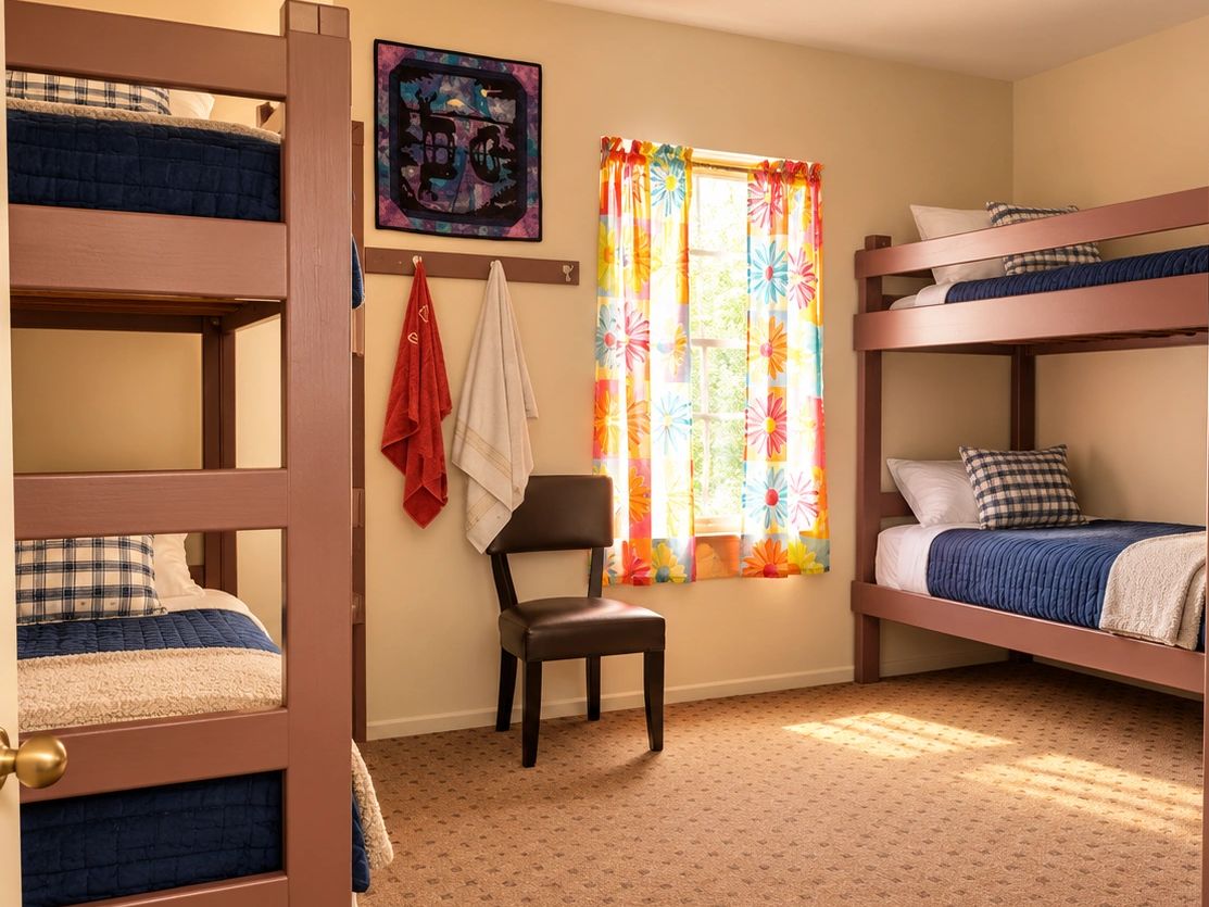 Cozy bedroom with two bunk beds and colorful floral curtains.