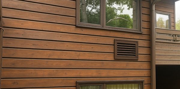 Exterior view of a wooden house with two windows and a vent.