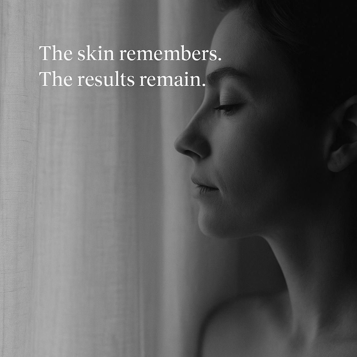 A serene woman with closed eyes beside a curtain and a skincare quote.