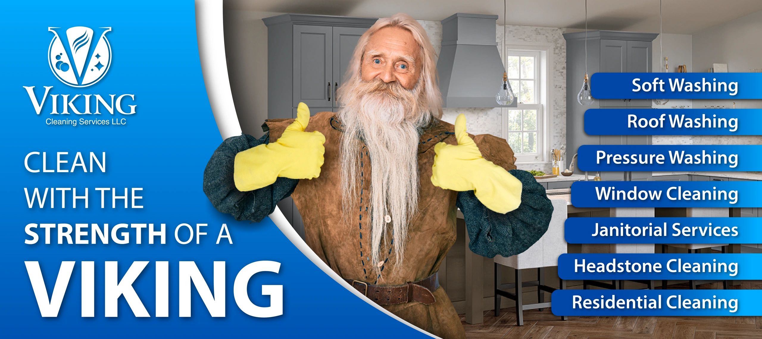 Viking with cleaning gloves and list of services saying 'Clean with the strength of a viking"