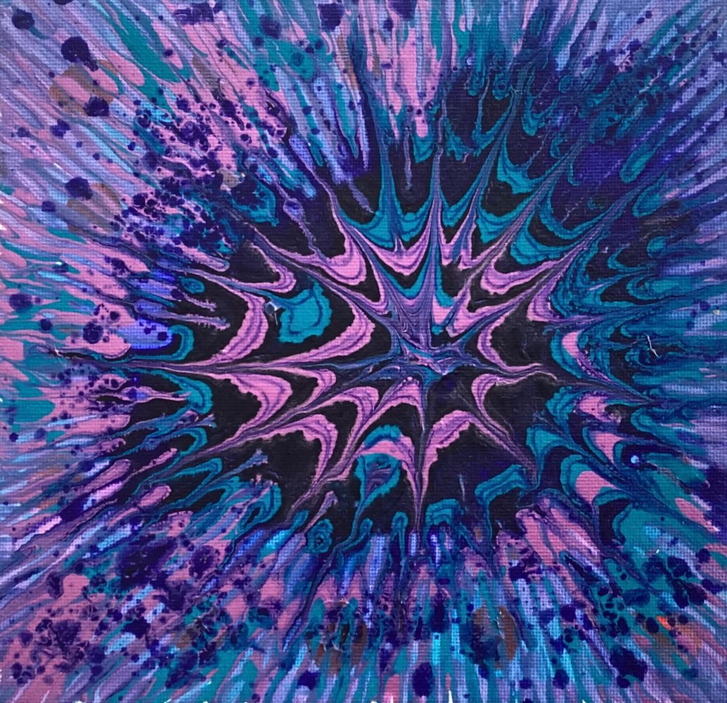 Vibrant abstract artwork with purple, blue, and black swirling patterns.