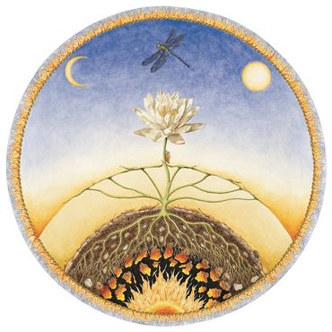 watercolor of blooming lotus, dragonfly, sun and moon, transformation, five elements