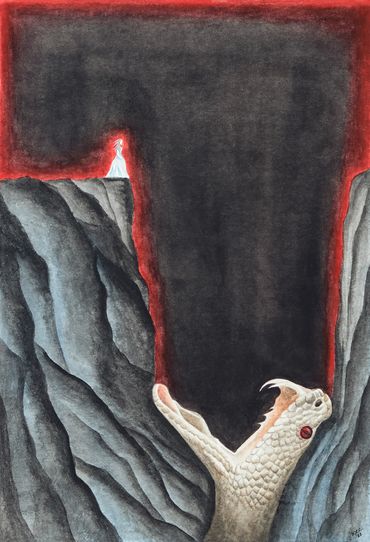 rattlesnake in abyss, woman on the edge of a cliff