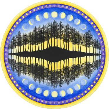 Phases of the moon over peaceful pine and deciduous trees, reflection, watercolor mandala