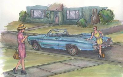 Painting of 2 women in a neighborhood standing near a car.