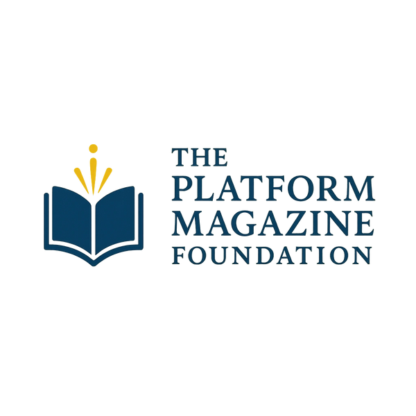 Logo of The Platform Magazine Foundation with an open book and yellow abstract design.