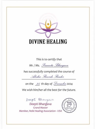 A certificate of completion for Akshic Records Reader by Divine Healing.
