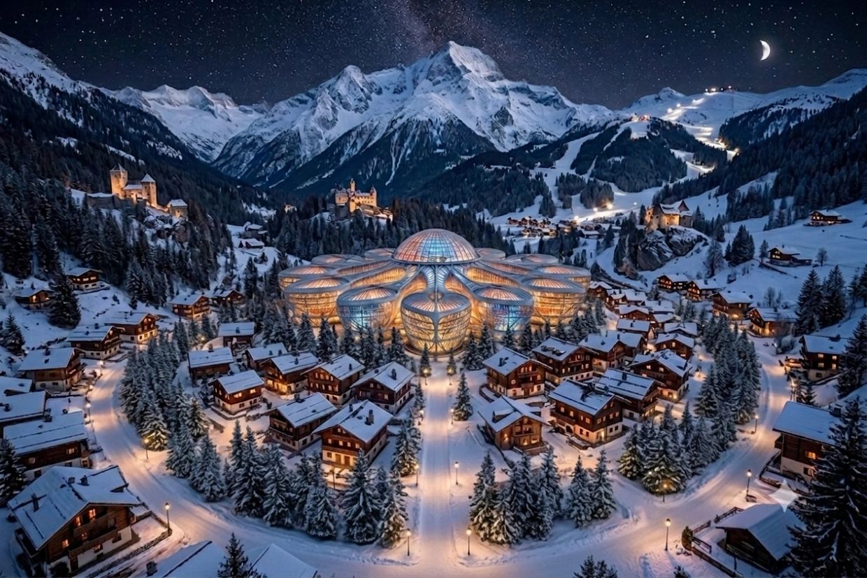 Snowy village with futuristic dome buildings under starry sky.