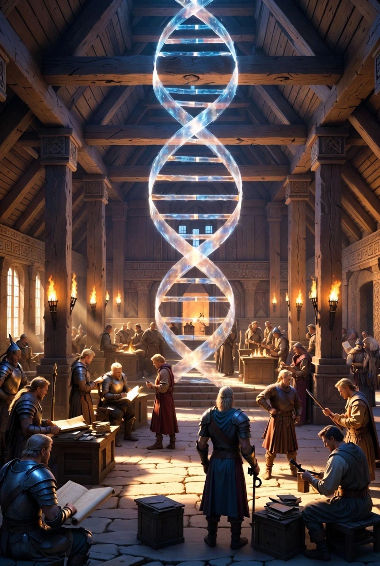 Medieval scholars study a glowing DNA strand in a grand hall.