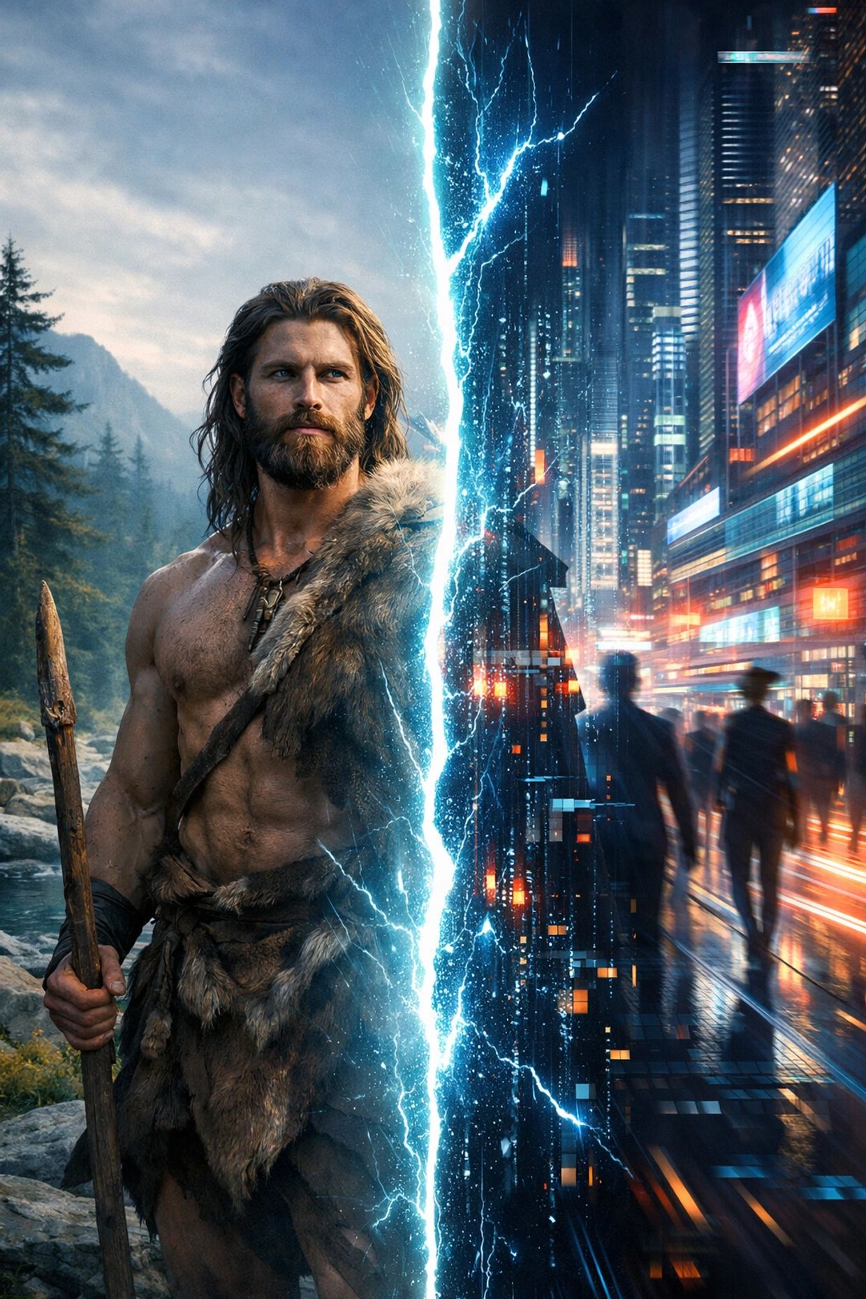 A prehistoric man stands at the boundary between ancient nature and futuristic city.