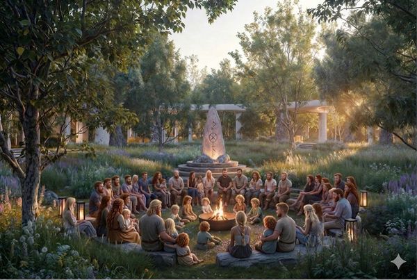 People gathered around a campfire in a serene outdoor setting at sunset.