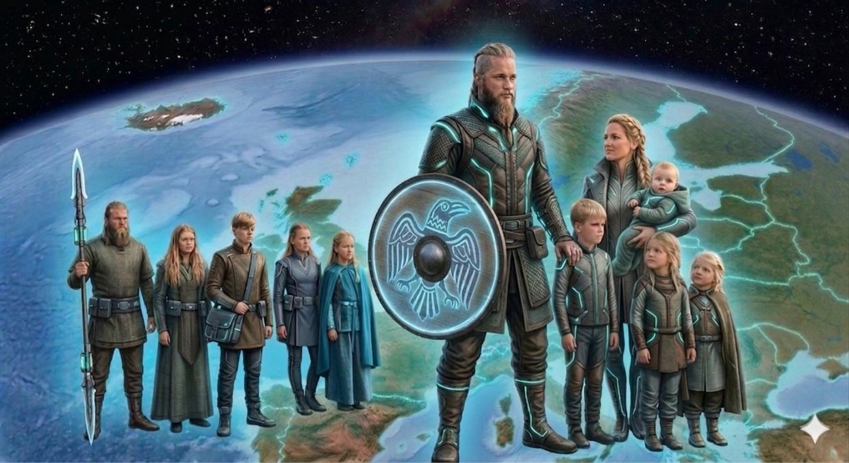 Futuristic Viking family stands above Earth in sci-fi attire.