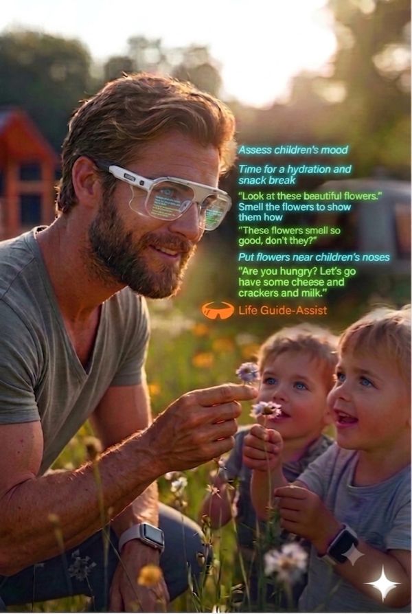 Man with children wearing smart glasses in a flower field.