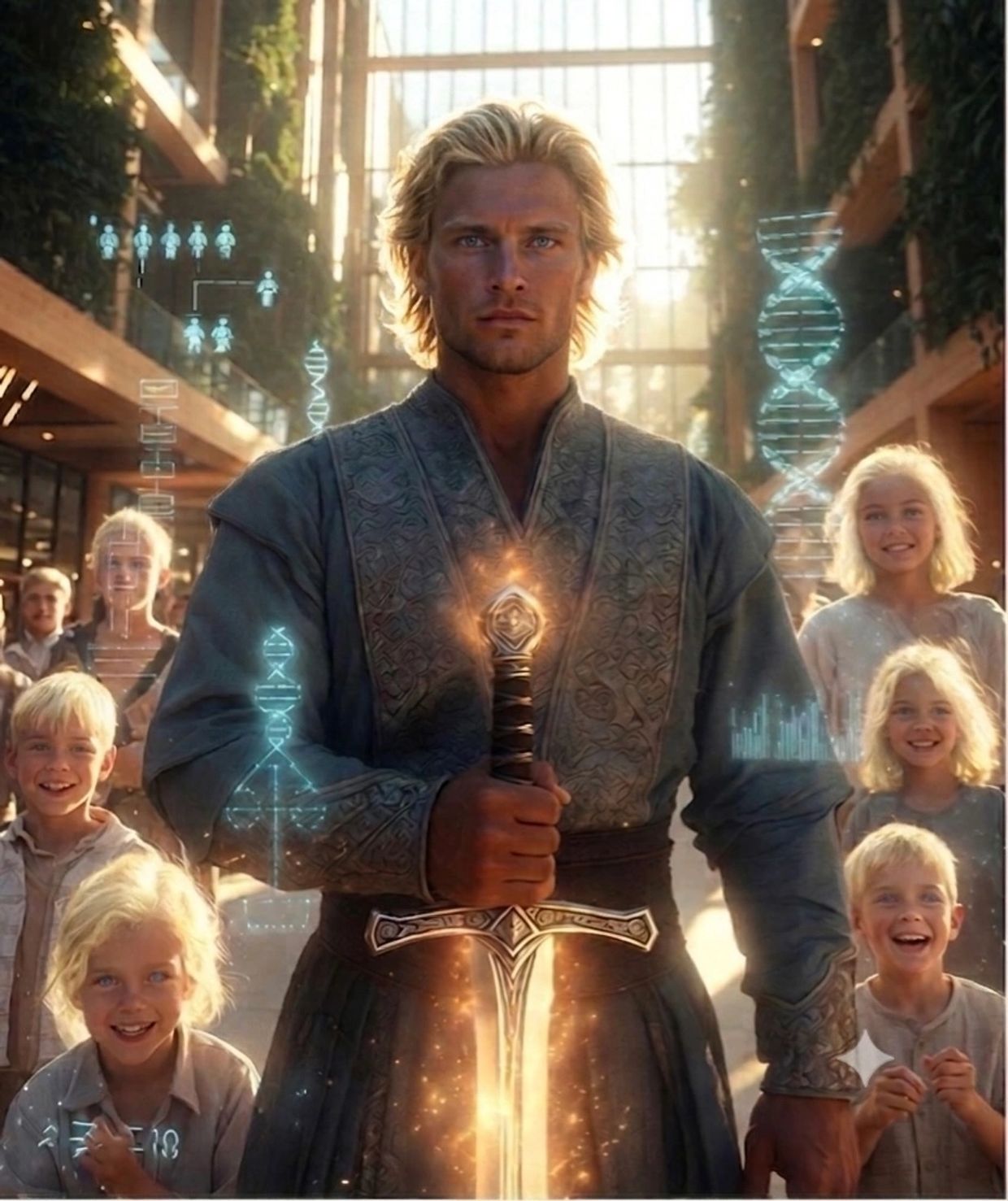 Blond man with glowing sword surrounded by children with digital DNA holograms.