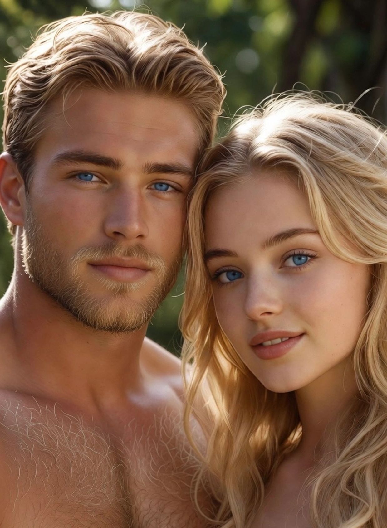 Close-up portrait of a young couple with blue eyes.